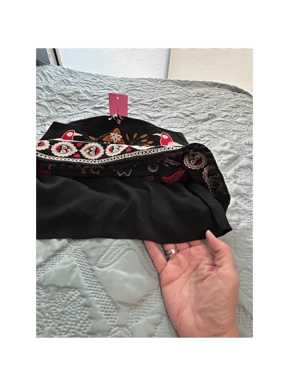 Umgee Black Multicolor Embroidered Mini Skirt Birds Pom Trim Sz L NWT - Picture 11 of 13
